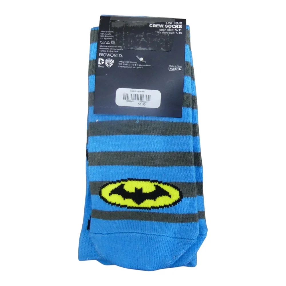 Bioworld Crew Socks Mens 9-11 Blue New Batman DC Comics Striped Justice League